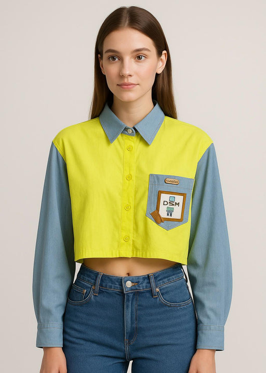 Half Denim Half Solid Crop Shirt