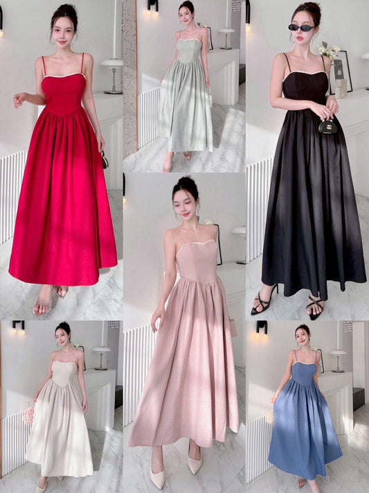 Long Pleated Solid Dress