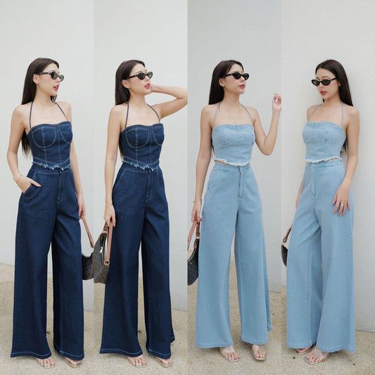 2 Pc Denim Halter Neck Top & Pant Set