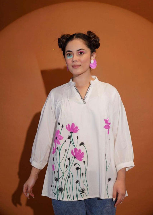 Floral Printed Cotton Shirt (White)