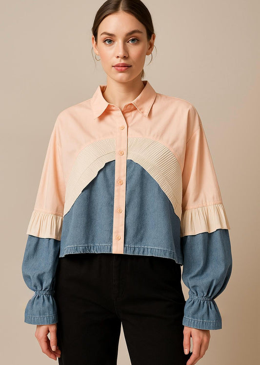 Half Denim Half Plain Oversized Shirt