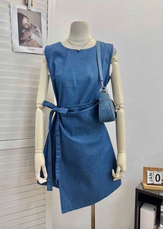 Plain Denim Wrap Short Dress