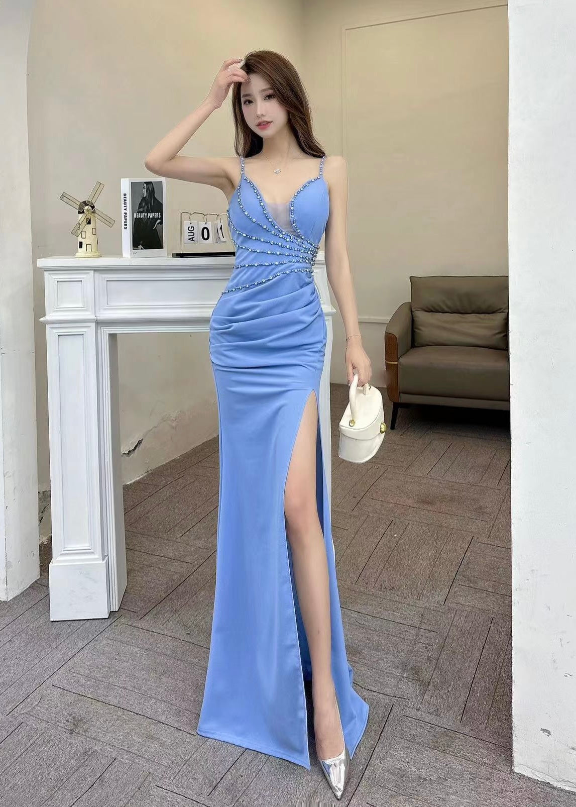 Partywear Embellished Long Gown (Side Slit)