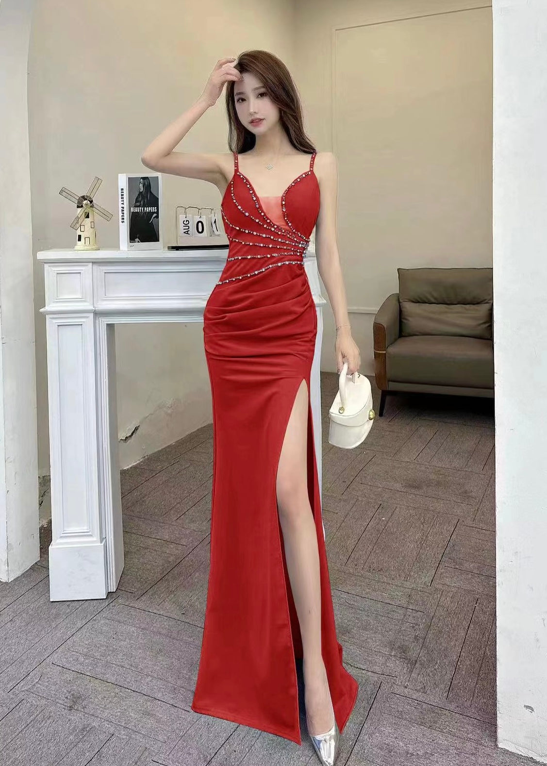 Partywear Embellished Long Gown (Side Slit)