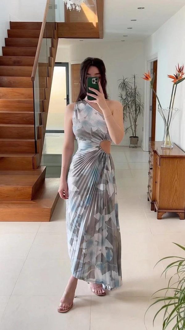 Printed One Shoulder Pleated Dress